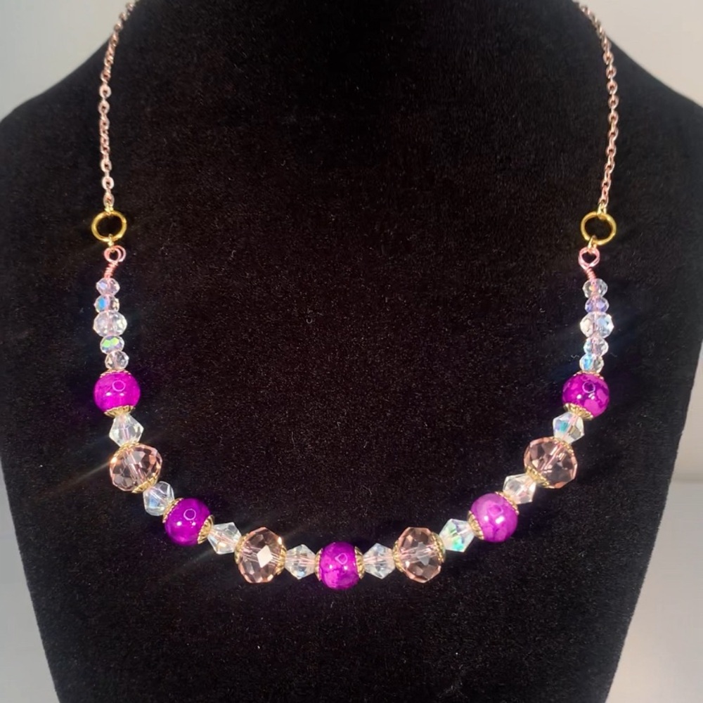 PASSIONATE KISS - Handmade Pink & Purple Glass Beaded Necklace with 18k Gold